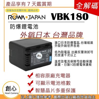 創心 副廠 ROWA 樂華 VW-VBK180 VBK180 電池 相容原廠 外銷日本