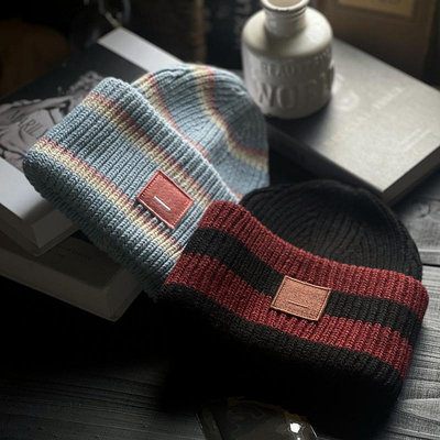 Q純冰島羊毛版AC方塊笑臉彩色條紋毛線帽男女冬天加厚冷帽
