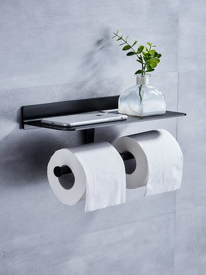 下殺 (null)(null)美式黑色衛生間免打孔手機雙紙巾架太空鋁廁所廁卷紙衛生紙置物架