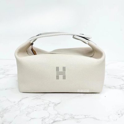 二手正品 Hermès 愛馬仕 Bride-a-Brac 帆布 飯盒包 洗漱包 手提包 女款 米白色 H103222