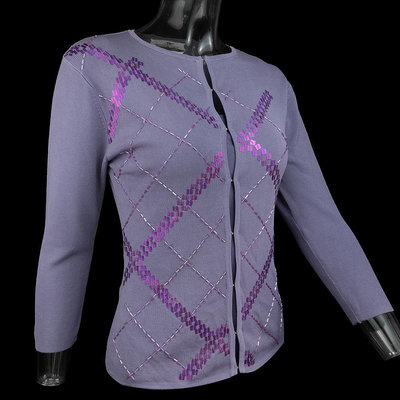 義大利品牌ZHEN PAI紫色純蠶絲串珠亮片7分袖針織外套