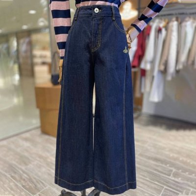 【全新特價】西太后Vivienne Westwood刺繡深藍色微喇叭牛仔褲女2023年新款高腰闊腿寬松復古
