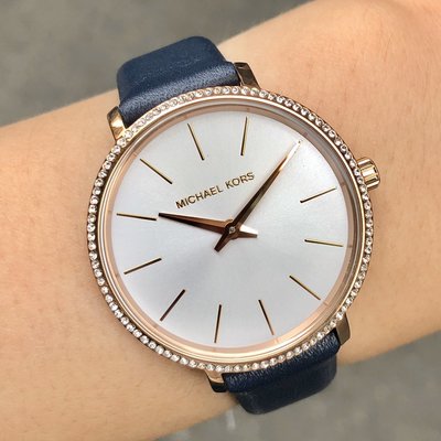 現貨 可自取 MICHAEL KORS MK2804 手錶 32mm 金色錶圈 鑽石錶圈 白面盤 藍色皮錶帶 男錶女錶