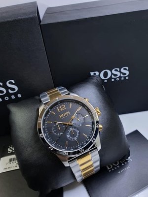 HUGO BOSS Professional 黑色面錶盤 金色配銀色不鏽鋼錶帶 石英 三眼計時 男士手錶 1513529