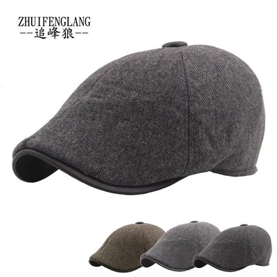 帽子系列 冬季中老年人前進帽PU皮質短帽檐加絨加棉保暖防風護耳拼接鴨舌帽