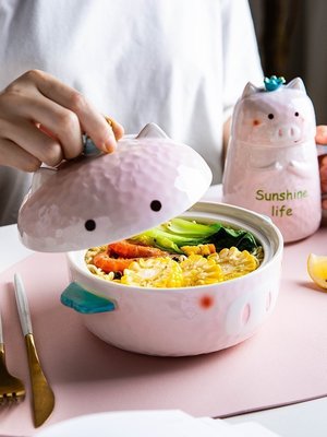 “正品”卡通創意泡面碗帶蓋家用兒童可愛陶瓷碗寶寶飯碗砂鍋