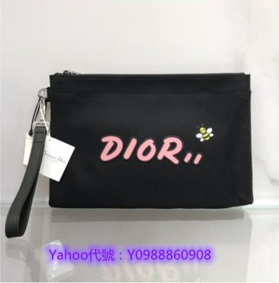 里昂二手正品  Dior 迪奧 小蜜蜂 粉 logo黑帆布 手包 手拿包 實拍