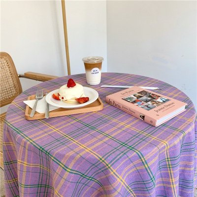 韓版 ins 夢幻紫色格子桌布 少女心公主風 沙發巾 餐廳書桌布 房間裝飾擺拍道具主播 背景佈-慧友芊家居