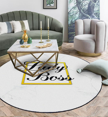 跨境ins時尚現代金色線白大理石英文字圓形客廳臥室防滑地墊地毯