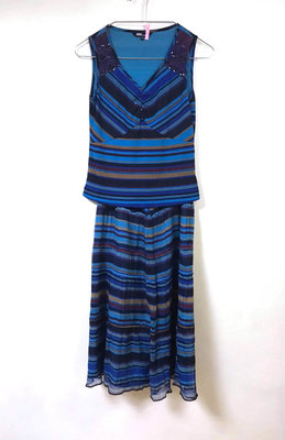 KERAIA克萊亞 橫藍條紋 局部亮片 輕質 彈性纖維 夏季涼感洋裝（上衣＋裙子兩件式套裝）