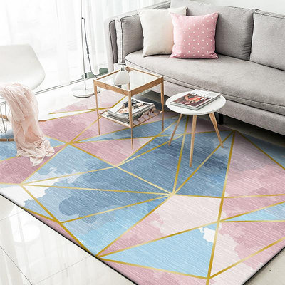 跨境時尚現代藍粉水彩暈染金色三角幾何客廳臥室廚房床邊地毯地墊