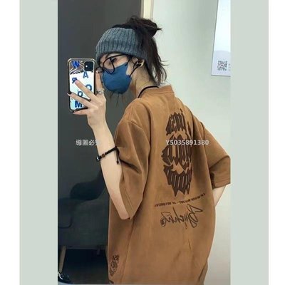 【熱賣精選】美式復古棕色純棉t恤短袖女夏hiphop設計感小眾國潮街頭寬松上衣