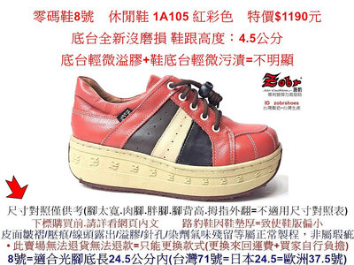 全新零碼鞋8號 Zobr路豹牛皮氣墊休閒鞋 1A105 紅彩色 特價$1190元 1系列  #路豹