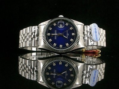 Emilio Valentino 范倫鐵諾 全不鏽鋼蠔式型防水石英錶水鑽刻度藍鋼色面盤～女錶