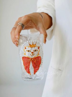 貓咪卡通杯子玻璃杯水杯手繪浮雕可愛杯子 340ml 高13cm