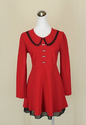 貞新二手衣 天母嚴選 紅色V領長袖棉質洋裝F號(28437)