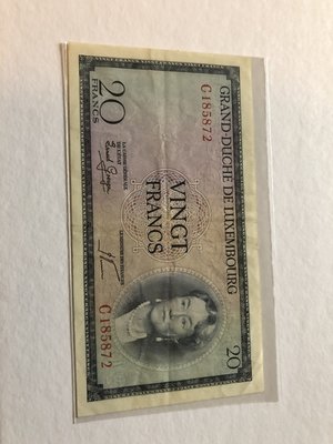 盧森堡(Luxembourg), 1955年, 20 Francs, 92成新,稀少早期紙鈔!!!