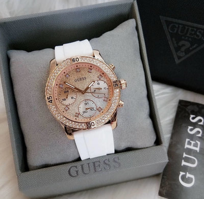 GUESS Confetti 鑲水鑽 玫瑰金色錶盤 白色矽膠錶帶 石英 女士手錶W1098L5