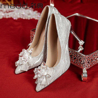 【熱賣精選】MEDD/名典高級水晶法式蝴蝶結婚鞋女2022新款細跟尖頭新娘高跟鞋