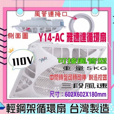 「工廠直營」馬達保固5年 Y14-AC 110V雅速達 8" 10"風管接頭 輕鋼架循環扇 含遙控 清洗方便 台灣製造