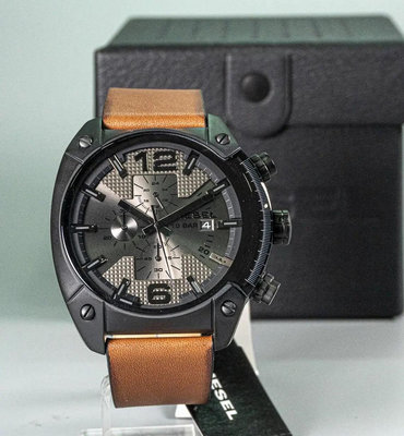 DIESEL Overflow 鐵灰色錶盤 棕色皮革錶帶 石英 三眼計時 男士手錶 DZ4317