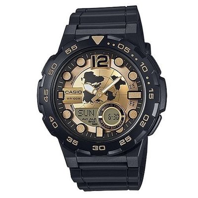 CASIO卡西歐世界時間球型地球錶面霸氣黑金潛水風格雙顯運動錶 型號：AEQ-100BW-9A