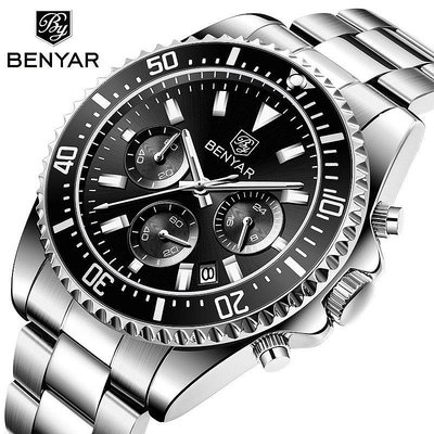 新款推薦百搭手錶 benyar賓雅by5170男士手錶多功能計時碼錶夜光防水日歷鋼帶腕錶男 促銷