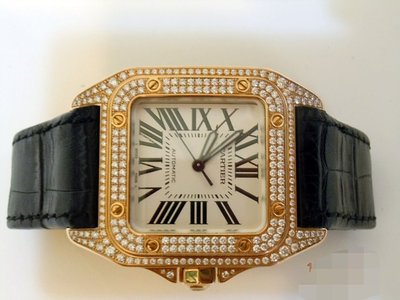 CARTIER 卡地亞錶 .山度士玫瑰金鑽錶.中型男女皆可戴.Cartier Santos 100中型. 44x35mm