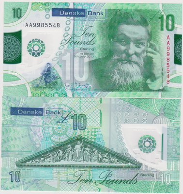 萬福古錢幣收藏家（可議價）全新2019年 北愛爾蘭 10 鎊 塑料鈔 AA首冠9985553靚號 丹斯克