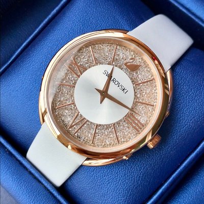 SWAROVSKI Crystalline Glam 鑲水晶錶盤 白色皮革錶帶 石英 女士手錶 5452459（白x玫瑰金）