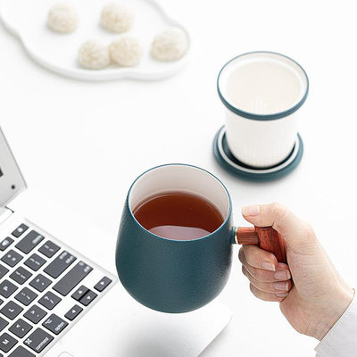 馬克杯帶蓋過濾水杯家用辦公室泡茶杯木柄陶瓷杯子