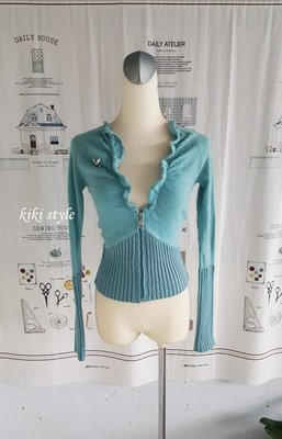 kiki style*歐洲品牌MNG粉藍色荷葉波浪大V領單邊鑽飾修身螺紋拼接兩用造型羊毛上衣外套iroo韓topshop