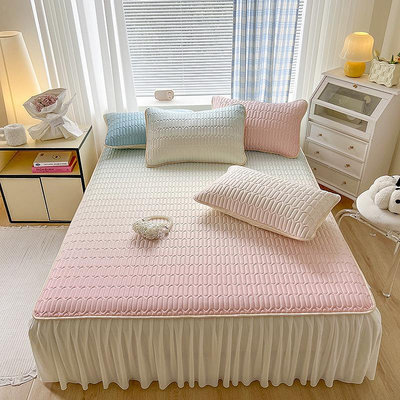 夏季新款純色床單床裙款涼感絲乳膠涼席三件套零售泰國乳膠床包 冰絲涼席 冰絲床包涼席 床墊保護套