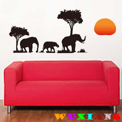 五象設計 動物054 黑色 大象樹牆貼 紅色太陽 壁貼紙 房間裝飾 家居裝飾 牆貼 環保壁貼 牆壁藝術