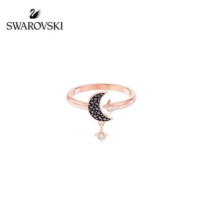100原廠％SWAROVSKI新款星月戒指日月星辰水晶元素黑色戒指開口可調節送女友禮物