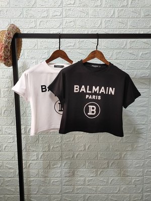熱銷 巴爾曼Balmain2022春夏新款bal植絨字母巴爾上衣短款卷邊寬松短袖T恤女可開發票