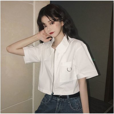 【Miss Xue】泫雅風 短袖襯衫 拉鏈襯衣 設計感小眾 學生 polo衫 白襯衫 短袖上衣 女生衣服