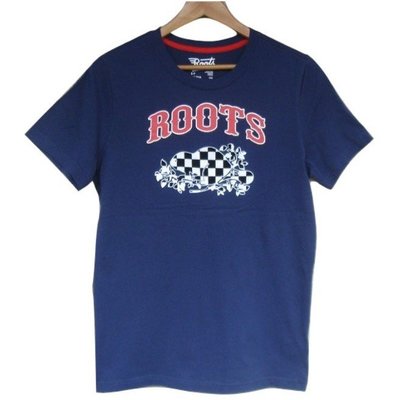特價 加拿大 Roots 男款 藍色 海狸 格子 LOGO 短T 短袖 T恤 (E)