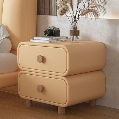 床頭櫃帝伊印象奶油風床頭柜實木皮質床邊柜現代極簡易免安裝小型收納柜