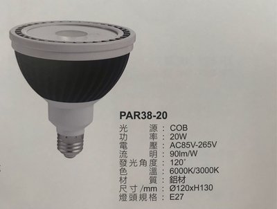 【燈飾林】LED 20W E27 PAR38 杯燈 光源