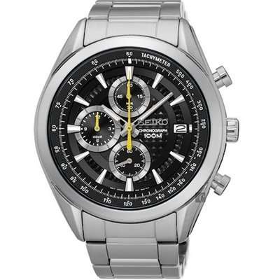 【金台鐘錶】SEIKO 精工 不鏽鋼錶帶 三眼計時男錶 防水100米 45mm (銀框黃針) SSB175P1