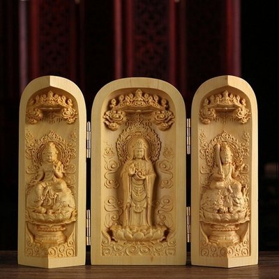 【熱賣精選】   佛教用品 三開盒佛龕 南海觀音 法像莊嚴 木雕擺件 黃楊木（GA-5167）