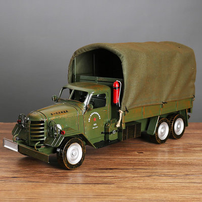 現貨創意擺件仿古金屬鐵皮工藝品解放卡車軍車模型復古二戰軍車家居擺件廠直銷
