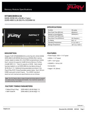 金士頓 64GB (2x32GB) DDR5 4800 CL38 FURY Impact KF548S38IBK2-64