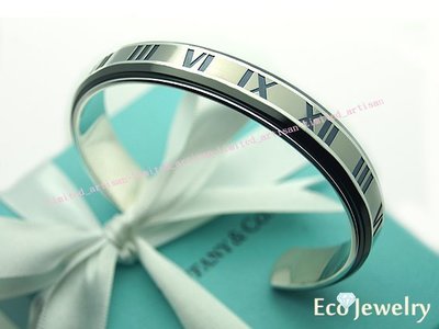 《Eco-jewelry》【Tiffany&amp;Co】稀有款 寬版羅馬數字黑灰鈦開口手環 純銀925手環~專櫃真品 美品