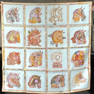 【翰貝格名牌館】全新真品 HERMES Chevaloscope scarf 白色 橘色 帕爾馬紫色 滿版 16格 駿馬 方巾 絲巾 90*90 現貨