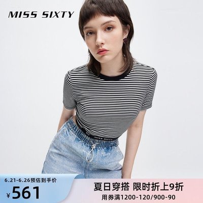 【熱賣下殺】Miss Sixty2022夏季新款短袖T恤女條紋短款修身上衣