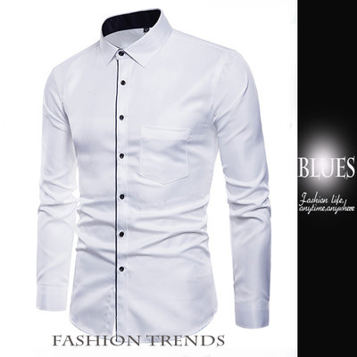 【Blues】S581-台灣現貨 時尚氣質簡潔拚色修身長袖襯衫 韓系 窄身 休閒 英倫
