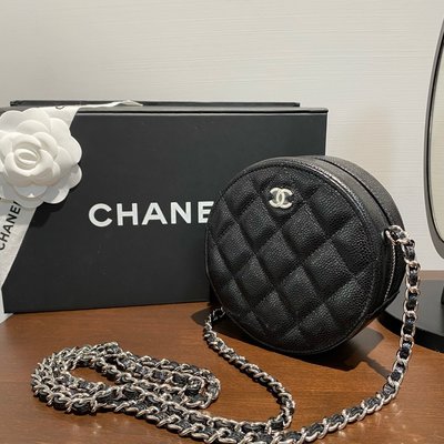 【翰貝格名牌館】全新真品 Chanel 黑色 荔枝 牛皮 菱格 銀鍊 斜背 拉鍊 迷你 圓餅包 AP0245