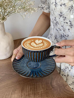 TUF4陶瓷咖啡杯300ml歐式復古手工拉花杯碟套裝女拿鐵杯粗陶手衝